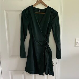 Lulu's Elegant Dark Green Long Sleeve Wrap Dress
